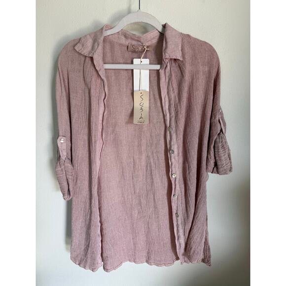 NWT Sofia Made in Italy Linen Cotton Blend Button Up Blouse Open Front Pink - Picture 2 of 7